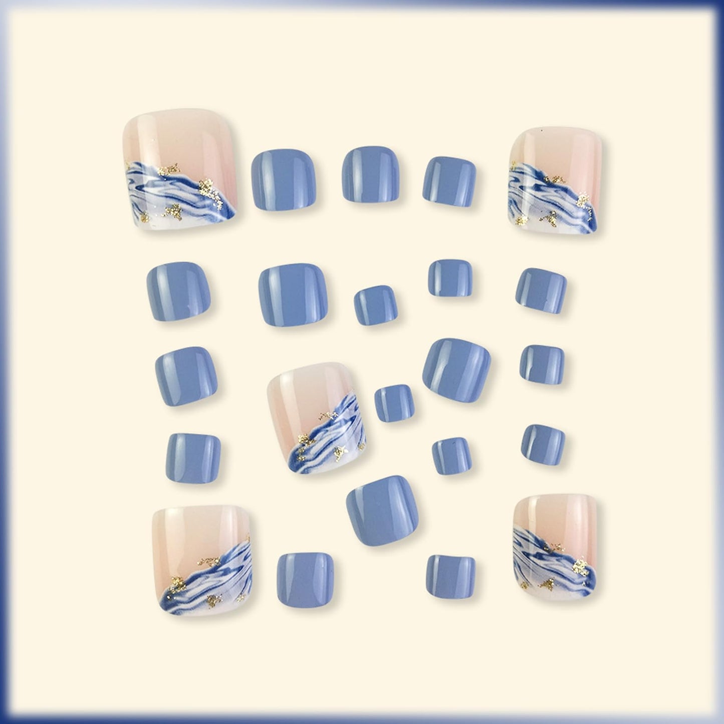 24Pcs Curve Line Press on Toenails with Waves Design Glossy Gold Glitter Acrylic Short Square Fake Toe Nails Gel Glue on Nails Rhinestones Full Cover False Toenails Stick on Nails for Women Girls