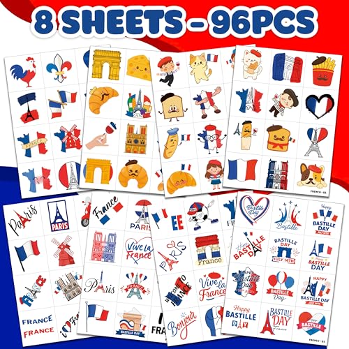 96 PCS French Temporary Tattoos for Kids Party