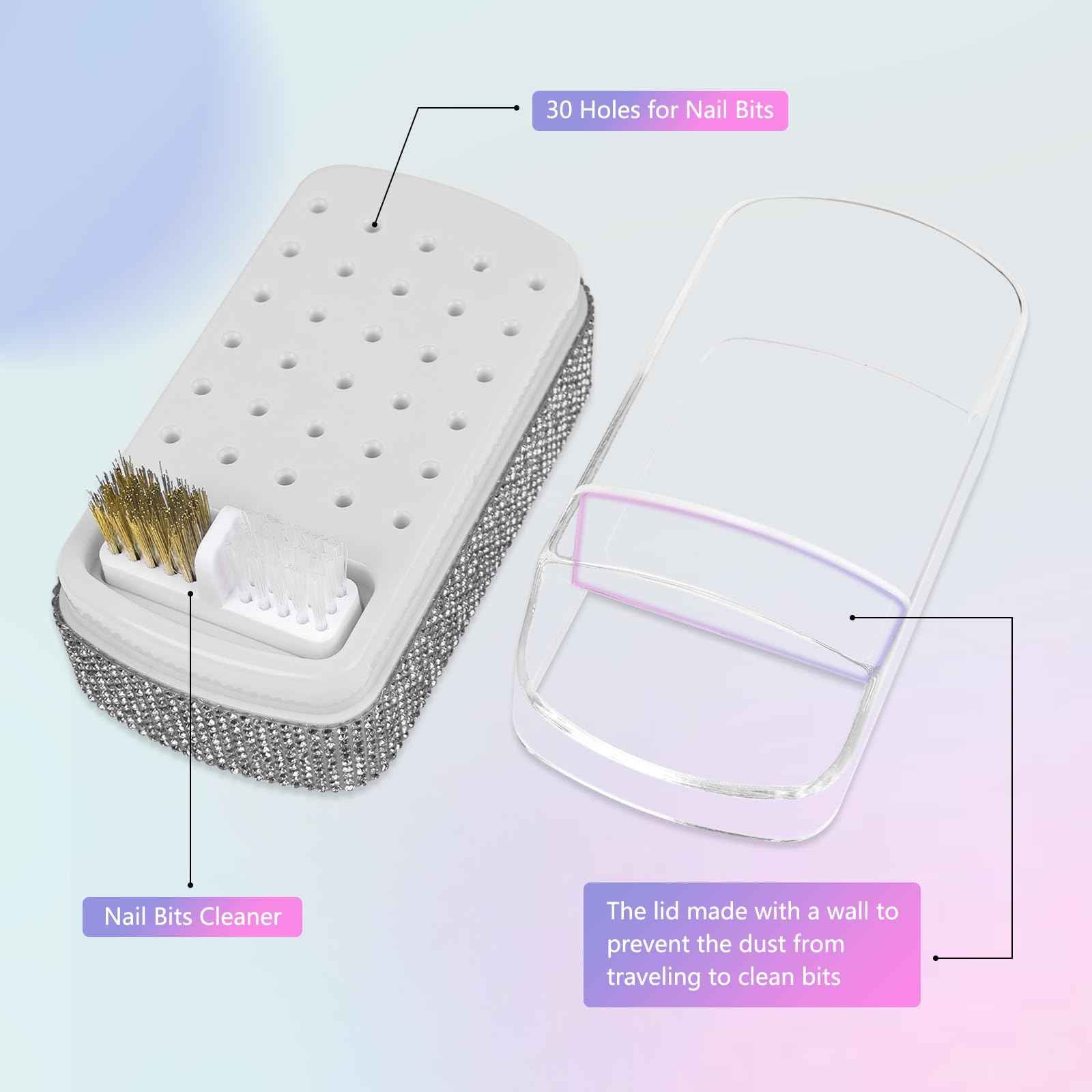 2 in 1 Nail Drill Bits Holder: 30 Holes Nail Bits Organizer Case with Cleaner Brush, Dustproof Efile Nail Tech Bits Storage Container Box Manicure Tools Accessories Display for Salon Home(Only Box)