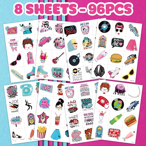 96 PCS 50s Party Temporary Tattoos Pre-cut Retro Stickers