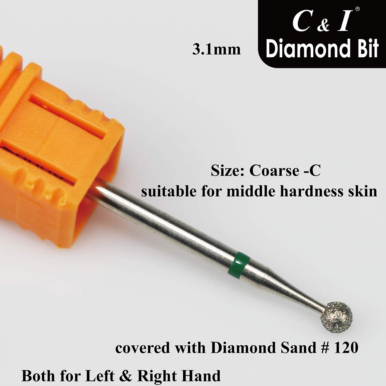 C & I Diamond Nail Drill Bit, Ball Shape Head E-File, Professional Cuticle Clean Drill Bit, Improved Diamond Powder plus Tungsten Carbide Shank 3/32” (2.35 mm) (3.1 mm, Coarse -C)