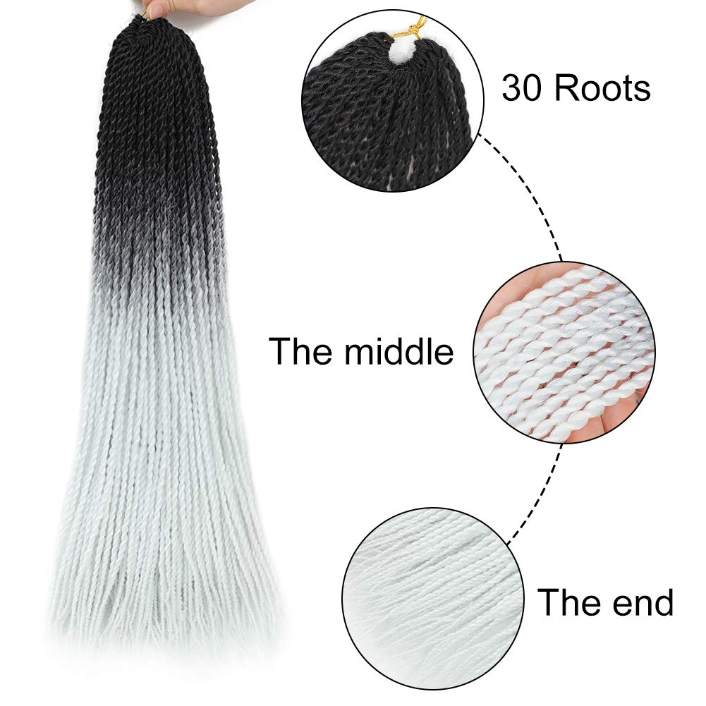 6Pack Senegalese Twist Crochet Hair Ombre White Box Braids Synthetic Hair Extensions 30Roots/Pack Small Havana Twist Crochet Hair 24inch(1B/White, 600g/Lot)