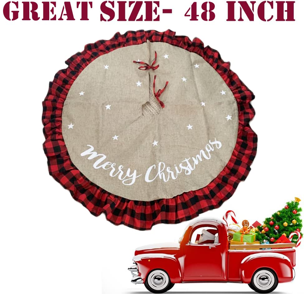 AISENO 48 Inch Christmas Tree Skirt Linen Burlap Buffalo Plaid Edge Decoration for Merry Christmas Party Red and Black Buffalo Christmas Tree Skirt Decorations