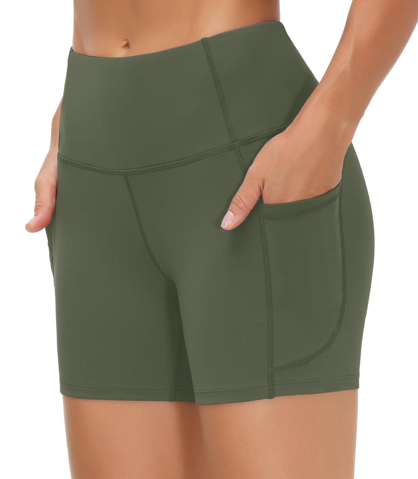 THE GYM PEOPLE High Waist Yoga Shorts for Women's Tummy Control Fitness Athletic Workout Running Shorts with Deep Pockets Bean Green