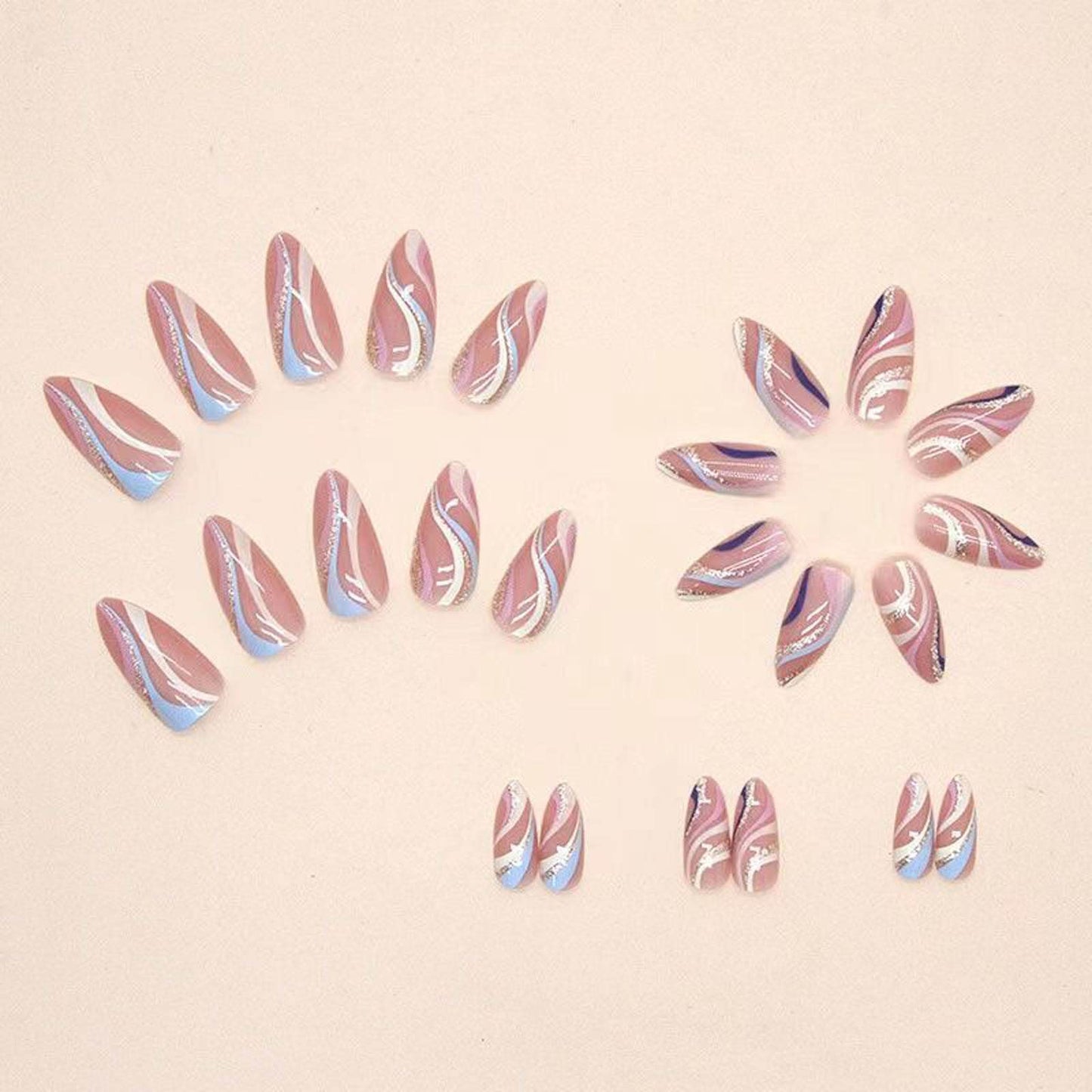 Press on nails short medium blue swirl false nails short almond acrylic nails women girls 24 Pcs