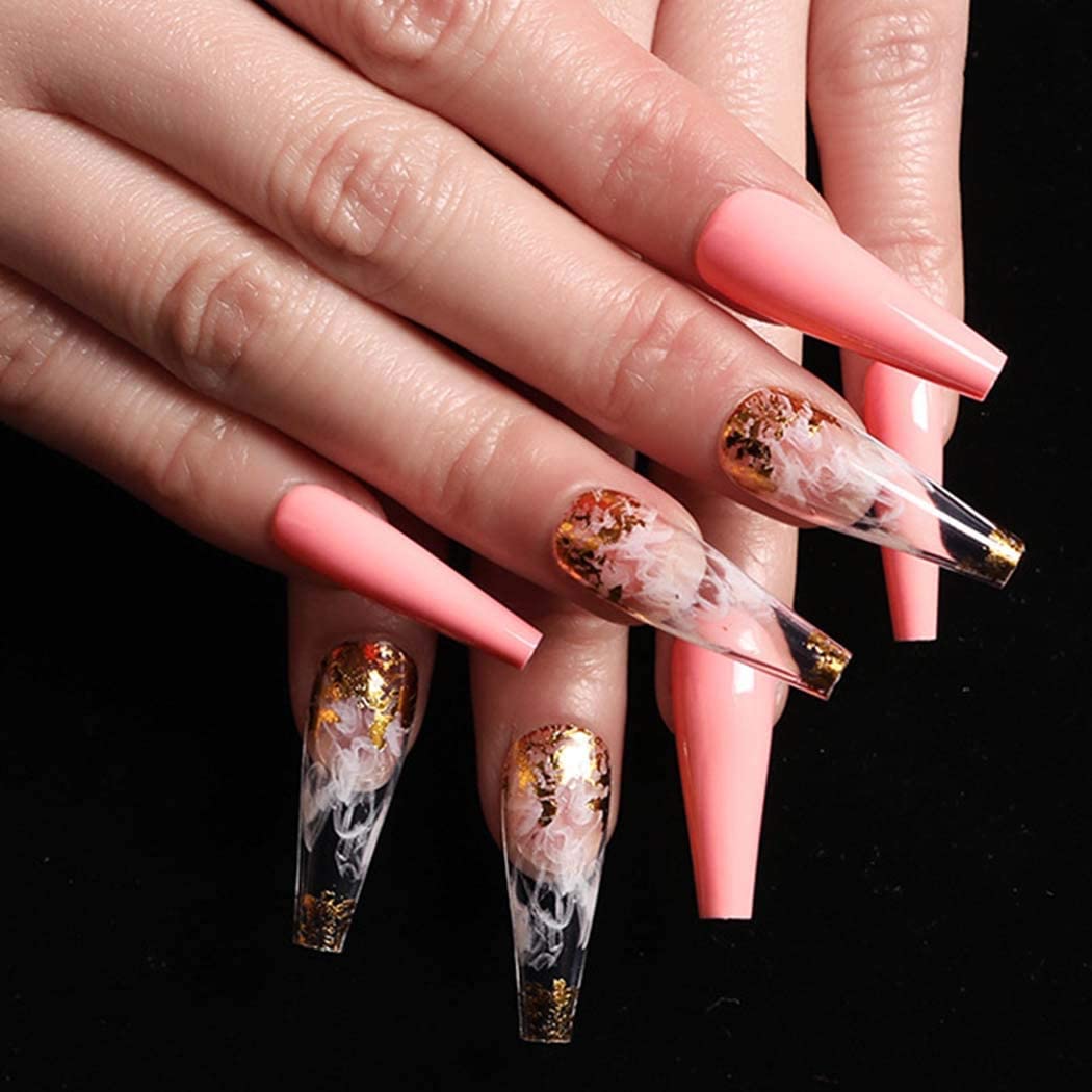 Outyua Smoke Pattern Fake Nails Pink Coffin Extra Long Press on Nails with Designs Glossy Ballerina Acrylic False Nails Stick on Artificial Nails 24Pcs (Pink)