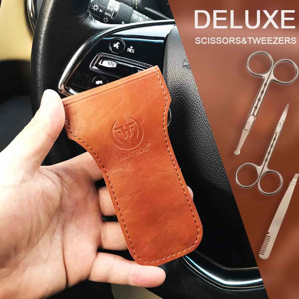 HANTEKAS Professional Stainless Steel Curved Rounded Facial Hair Scissors Tweezers Set For Men Moustache, Nose Hair, Beard Trimming Scissors,Safety Use for Eyebrows,Eyelashes,Ear Hair - PU Leather Bag