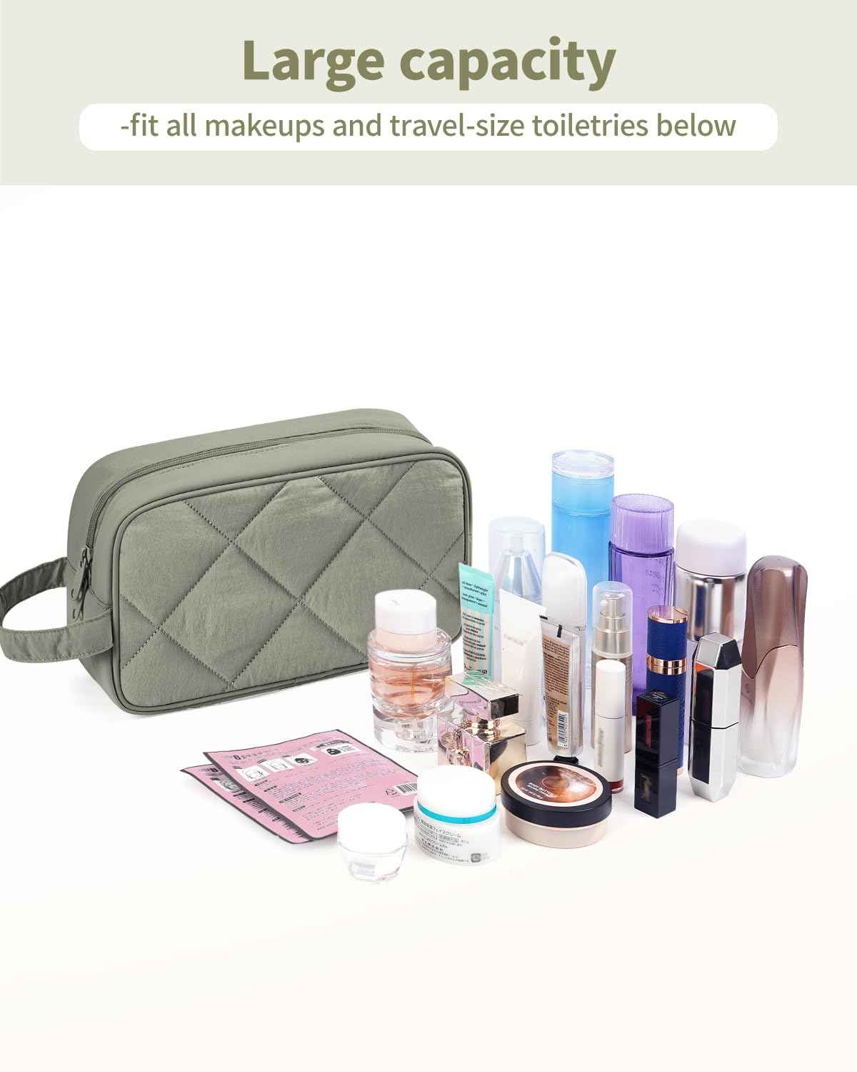 Narwey Travel Toiletry Bag for Traveling Women Travel Bag for Toiletries, Quilted Makeup Bag Cosmetic Make up Bags Medicine Bag for Girls (Sage Green)