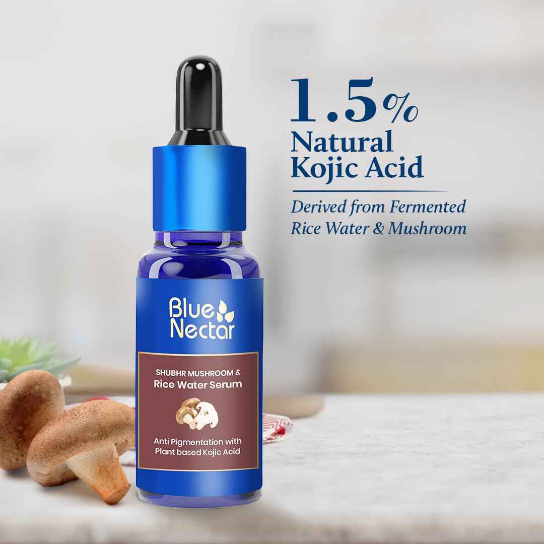 Blue Nectar Rice Water Kojic Acid Face Serum | Plant Based Almond Serum for Even Skin Tone | for Women & Men with Rice Water & Mushroom | All Skin Types (13 Herbs,1Fl Oz)