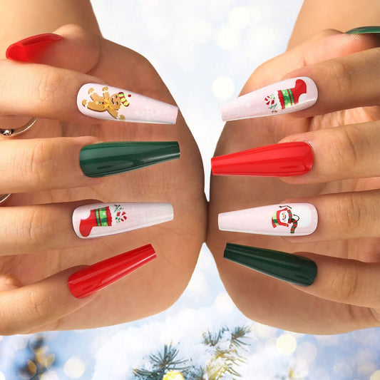 Uranian Coffin Extra Long Press on Nails Snowflake Red Christmas Fake Nails Elk Ballerina Glossy Full Cover False Nails Santa Claus Acrylic Nails Tips for Women and Girls 30 PCS (Pattern-B)