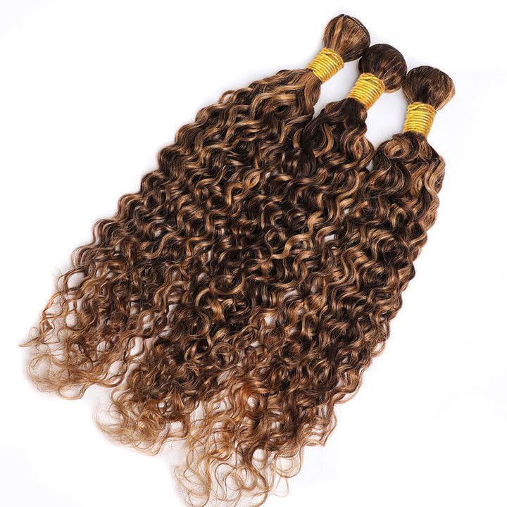 Freiuoke 300g Water Wave Human Hair Bundles - Brown Highlights 20-24 Inch