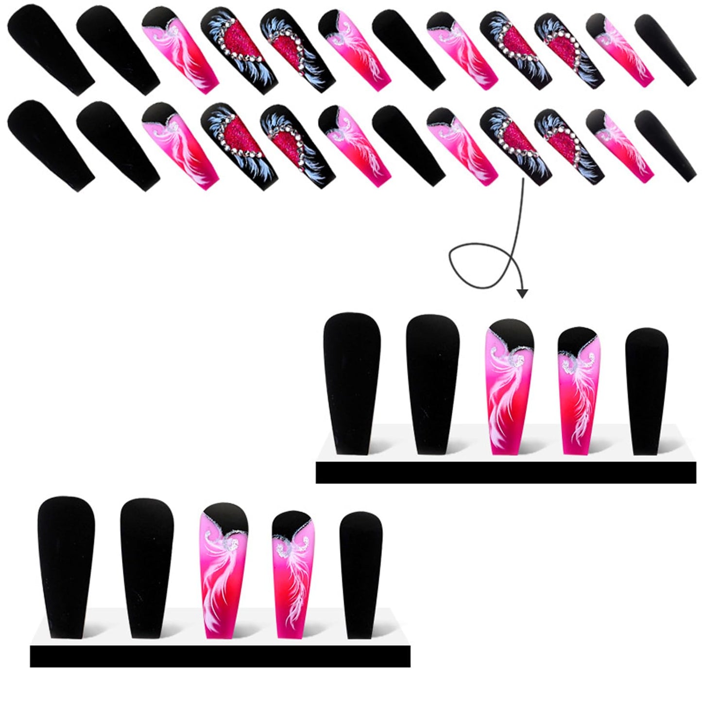 Heart Nails Press on Nails Long Coffin Fake Nails with Valentines Day Designs Angel Wings Rhinestones Pink Full Cover Acrylic Black False Nails Square Medium Glue on Nails for Women and Girls 24Pcs