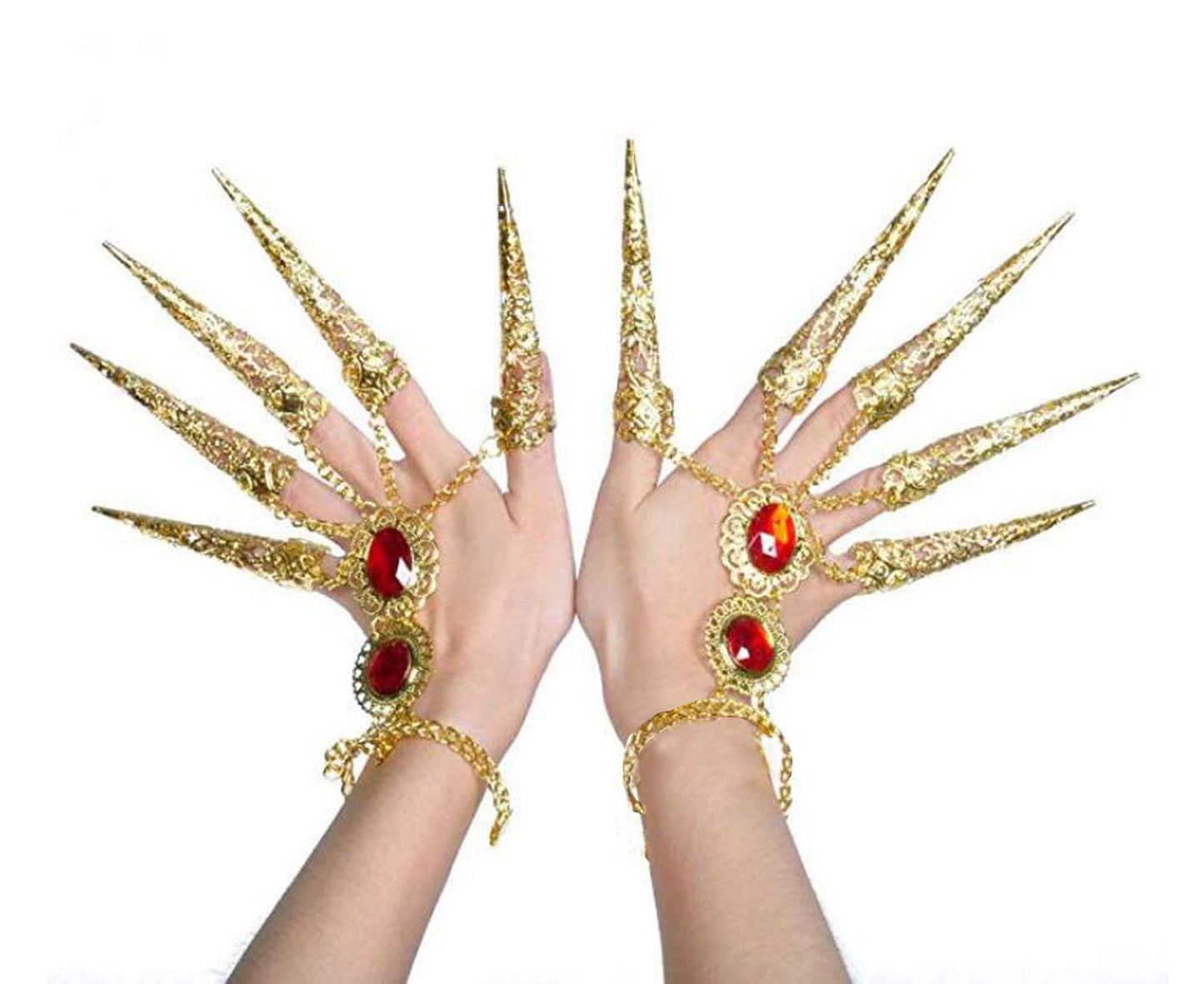 Suoirblss 2PCS Fashion Women Belly Dance Gypsy Egyptian Bracelet with Finger Nails Indian Gold Bracelet with Finger Nails for Costumes (Length: 11.8 inches)