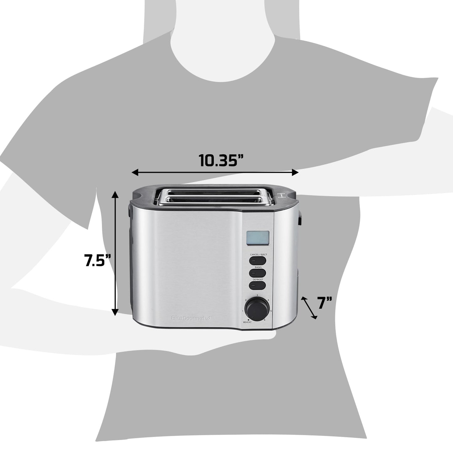 Elite Gourmet ECT2145 Extra Wide Slot 2-Slice Toaster, Bagel Function Reheat, Defrost, & Cancel Functions, 6 Toast Settings, Built-in Warming Rack, Countdown Timer, Stainless Steel