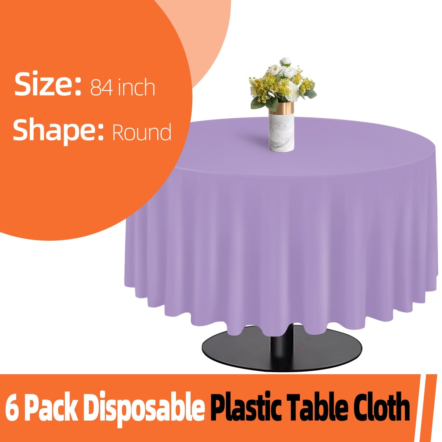 tujol Lavender 6 Pack Plastic Table Cloth 84", Disposable Round Tablecloth Table Cover, Plastic Table Cloths for Parties