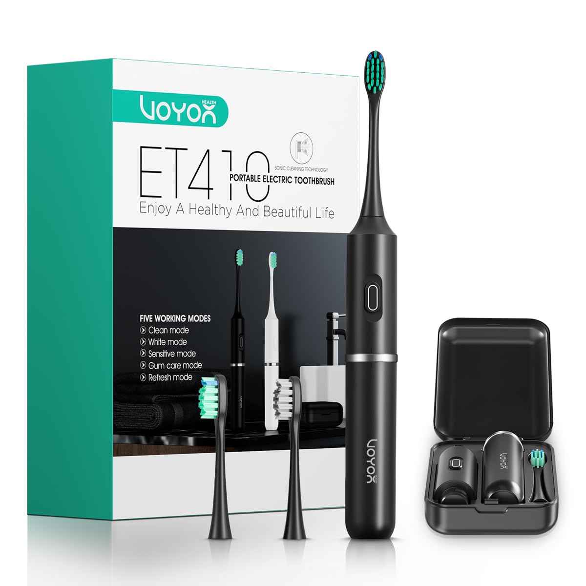 VOYOR-Health Travel Electric Toothbrush, Rechargeable Toothbrushes for Adults, Portable Sonic Toothbrush with 5 Modes, Three-Section Detachable Design with Travel Case ET410 (Black)