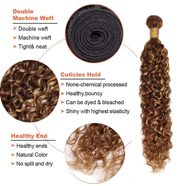 Freiuoke Honey Blonde Water Wave Hair Extensions 18-22 Inch 300g Virgin Human Hair Bundles