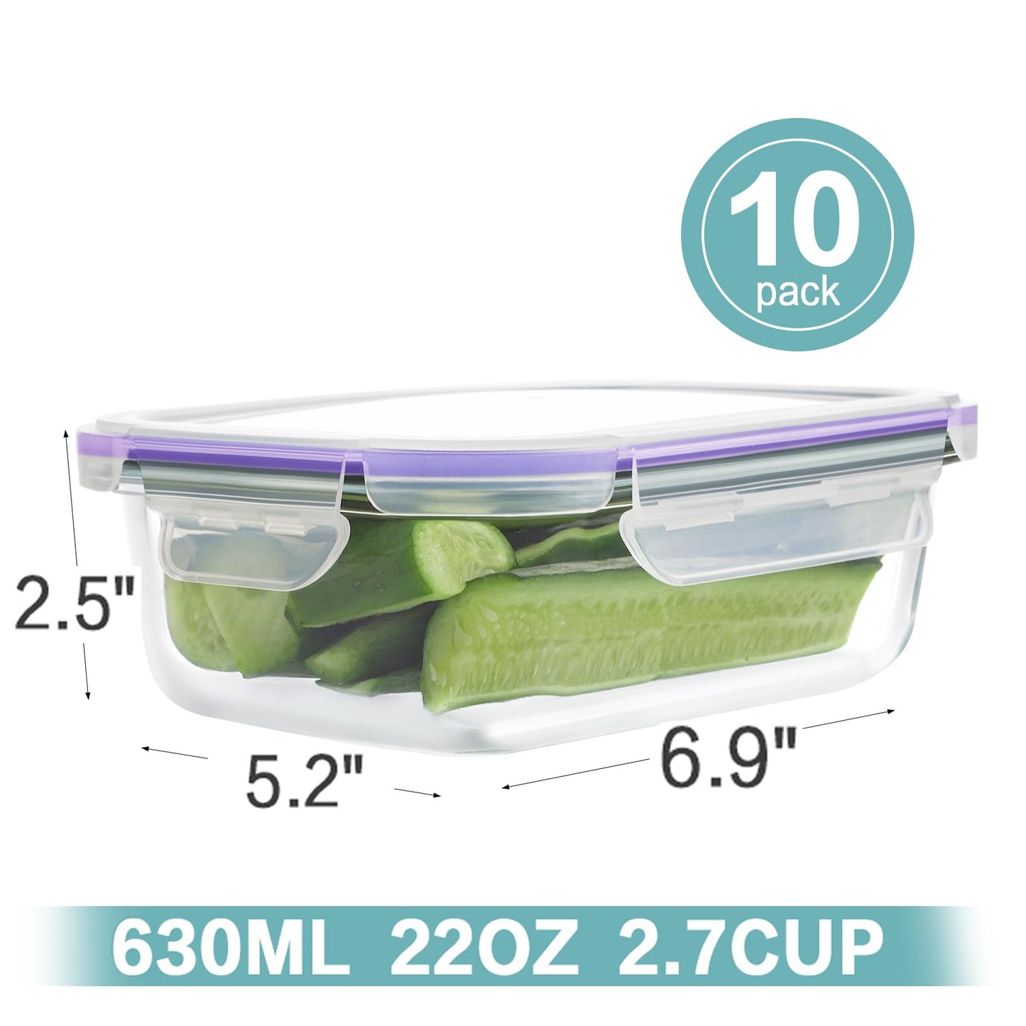 HOMBERKING 10 Pack Glass Meal Prep Containers, Glass Food Storage Containers with Lids, Airtight Glass Lunch Bento Boxes, BPA-Free & Leak Proof (10 lids & 10 Containers) - Purple