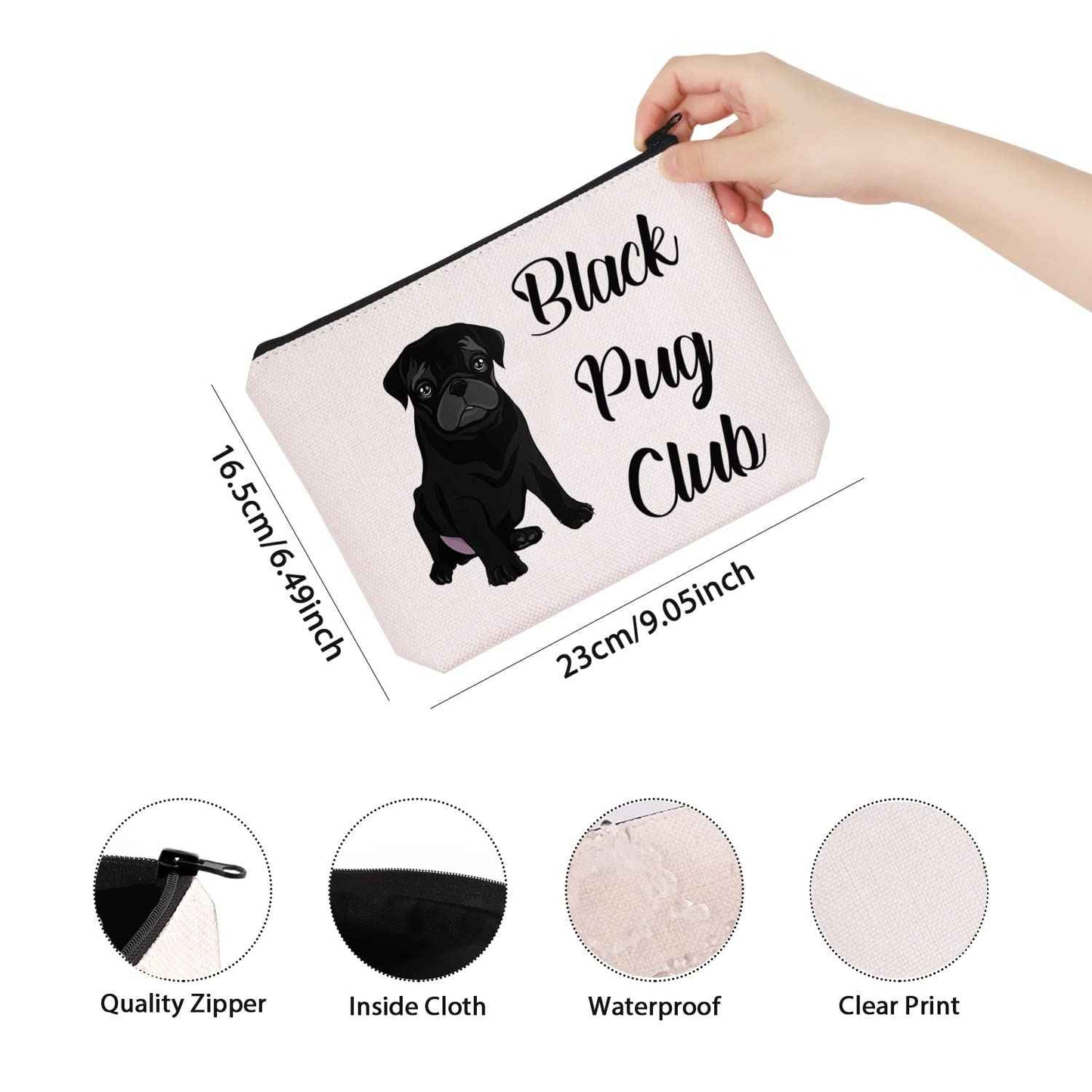 TSOTMO Pug Lover Gift Zipper Pouch Makeup Bag - Black Pug Club Puppy Love