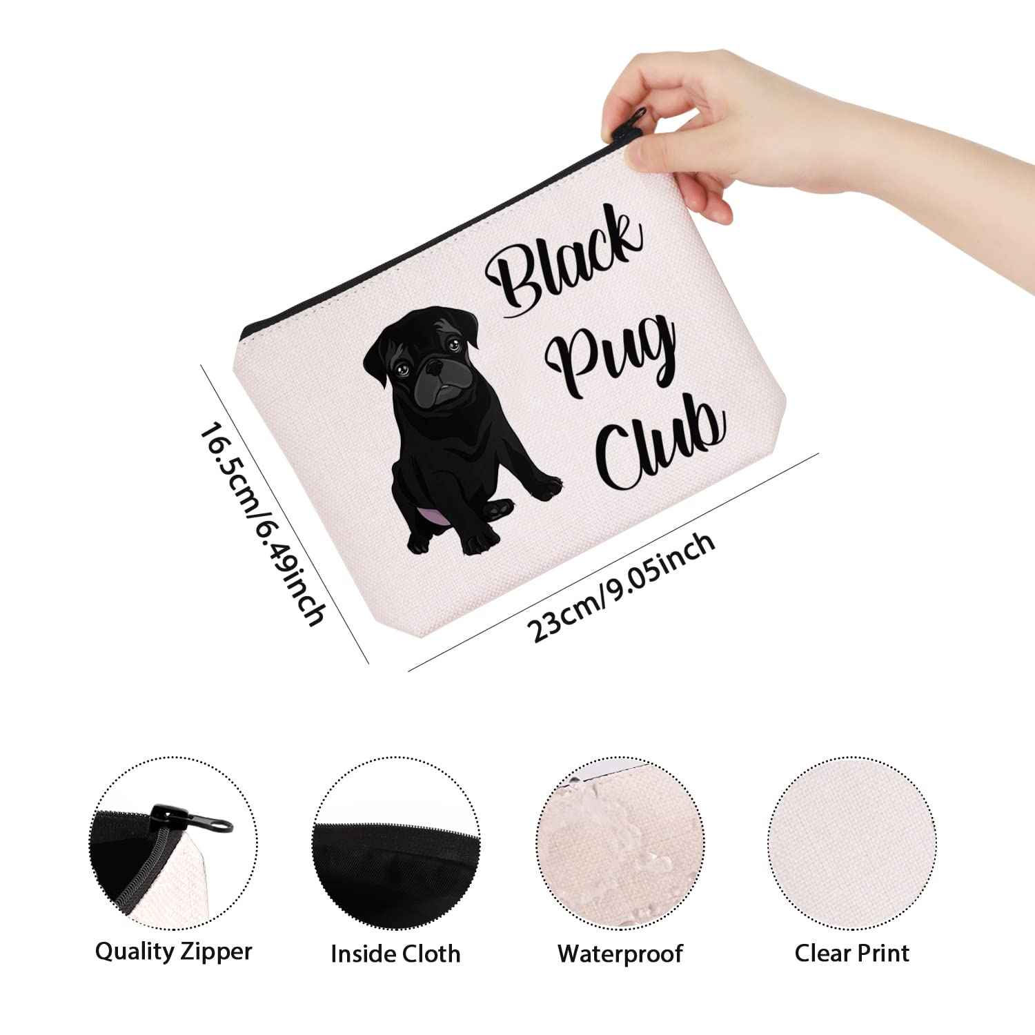 TSOTMO Pug Lover Gift Zipper Pouch Makeup Bag - Black Pug Club Puppy Love
