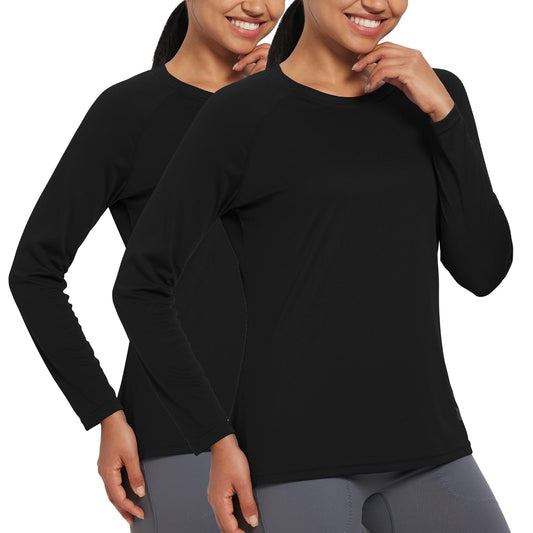 BALEAF Women's UPF 50+ Long Sleeve Rash Guard Swim Shirts SPF Quick Dry Lightweight T-Shirt Outdoor Hiking Runing 2 Pack Black Size S