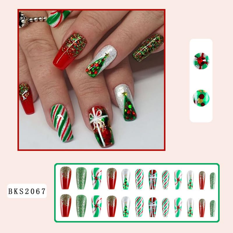 Christmas Press on Nails Medium Length Square Christmas Fake Nails Xmas Green Red Sliver False Nails Glitter Gift Christmas Tree Design Acrylic Full Cover Glue on Nails for Women Girls 24Pcs