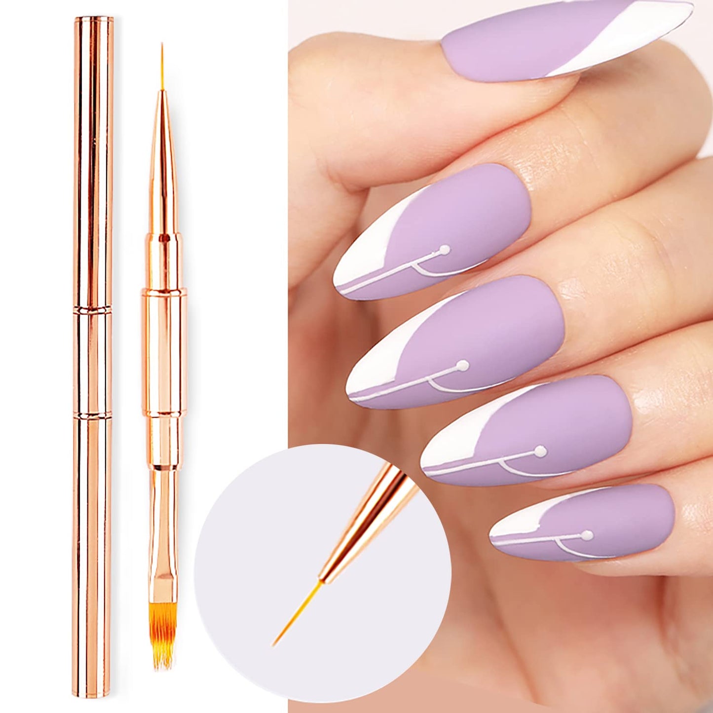 JERCLITY 5pcs Rose Gold Alloy Double-Ended Nail Art Brushes Set Nail Lace Brushes Round Flat Gel Builder Brush Nail Carving Pen Nail Liner Brush 3D Painting Brush Nail Design Tools for Acrylic Nails