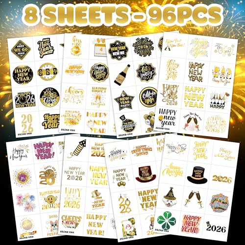 Happy New Year 2026 Temporary Tattoos Stickers ? 96PCS Gold New Year¡¯s Eve Party Favors, Decorations, Countdown Celebration Supplies, Holiday Festival Accessories Gifts for Kids and Adults