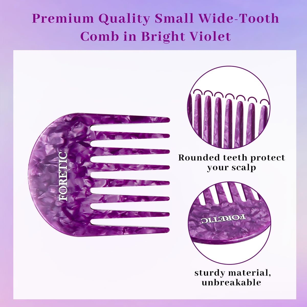 Foretic Handmade Bright Violet Wide Tooth Comb for curly hair.Small Wide Tooth Comb for Long and short Hair Detangler Comb For Wet and Dry. Professional hair cutting combs-3.14Inch