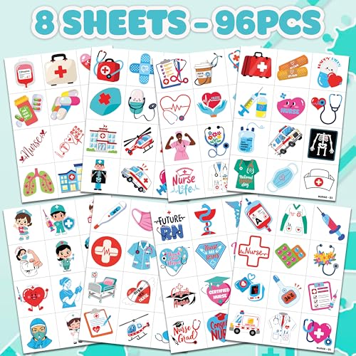 96 PCS Happy Nurses Day Nursing Nurse Pre-Cut Temporary Tattoos for Kids | Super Cute Themed Birthday Party Favors, Supplies, Decorations, Fake Tattoo Stickers, School Rewards Gifts & Boys & Girls