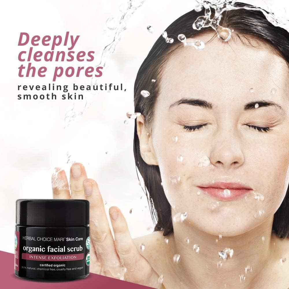Organic Facial Scrub by Herbal Choice Mari (3.4 Fl Oz Glass Jar) - Intense Exfoliating Face Wash with Brown Sugar, Sea Salt, Shea Butter, and Grape Seed - For Dry Skin - No Toxic Chemicals