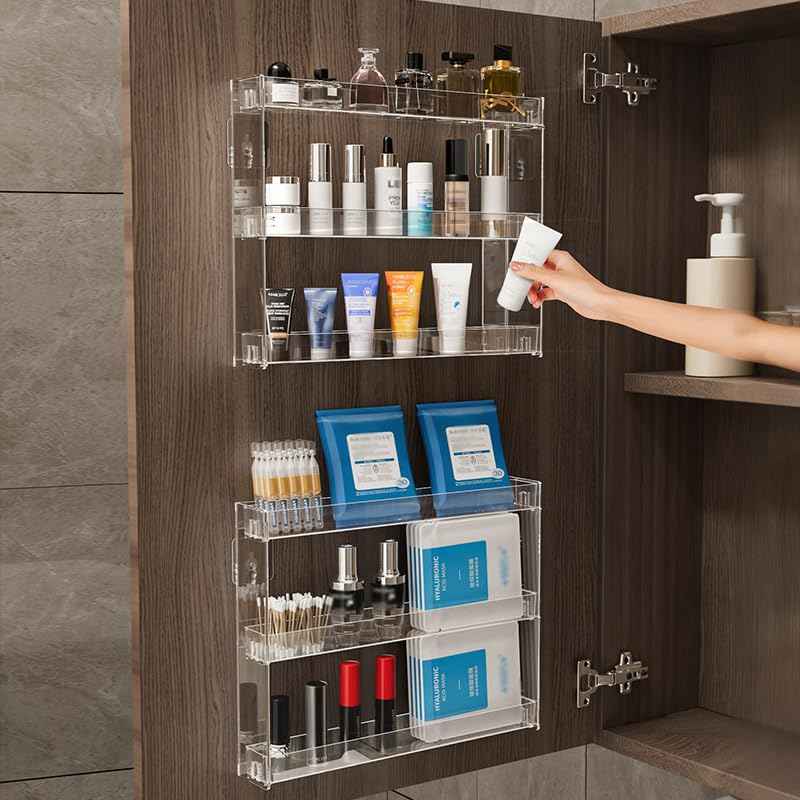 YIEZI 3 Layers Makeup Organizer Wall Mounted, Acrylic Invisible Floating Shelves with Anti-Slip Adhesive Backing, Sunglasses Display Rack, Nail Polish Storage, Clear (2 Pack)