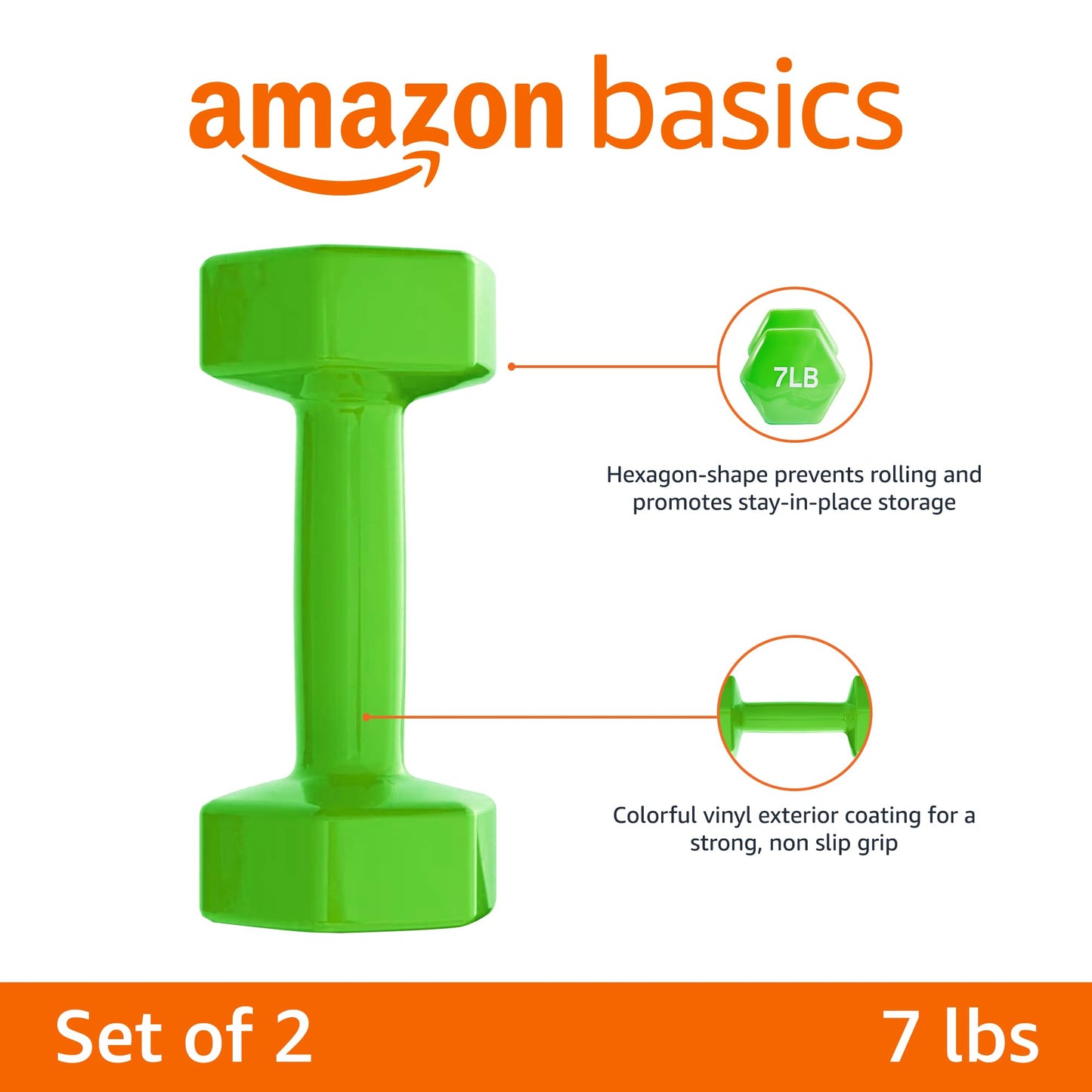 Amazon Basics Vinyl Coated Dumbbell Hand Weights, 7 Pounds, Pair, Light Green