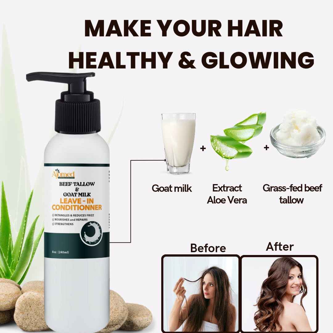 Beef tallow & Goat milk Leave-In Conditioner| Handmade hair Detangler- Anti-Frizz dreadlock moisturizer-Split Ends Breakage (12 Fl Oz)