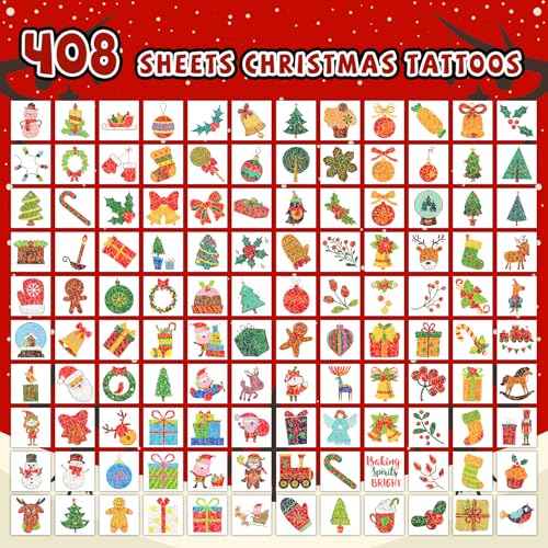 EMOME 408 PCS Christmas Temporary Tattoos, Xmas Glitter Tattoo Stickers for Kids Individually Wrapped Bulk, Merry Christmas Stocking Stuffers for Boys and Girls Party Favor Decorations Supplies