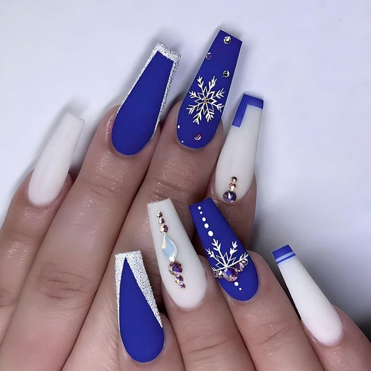 Christmas Press on Nails French Fake Nails Glitter Snowflake and Rhinestone Design Blue White Snowflakes Press on Nails Long Coffin Artificial Nails Manicure Decoration for Women Girls,24Pcs