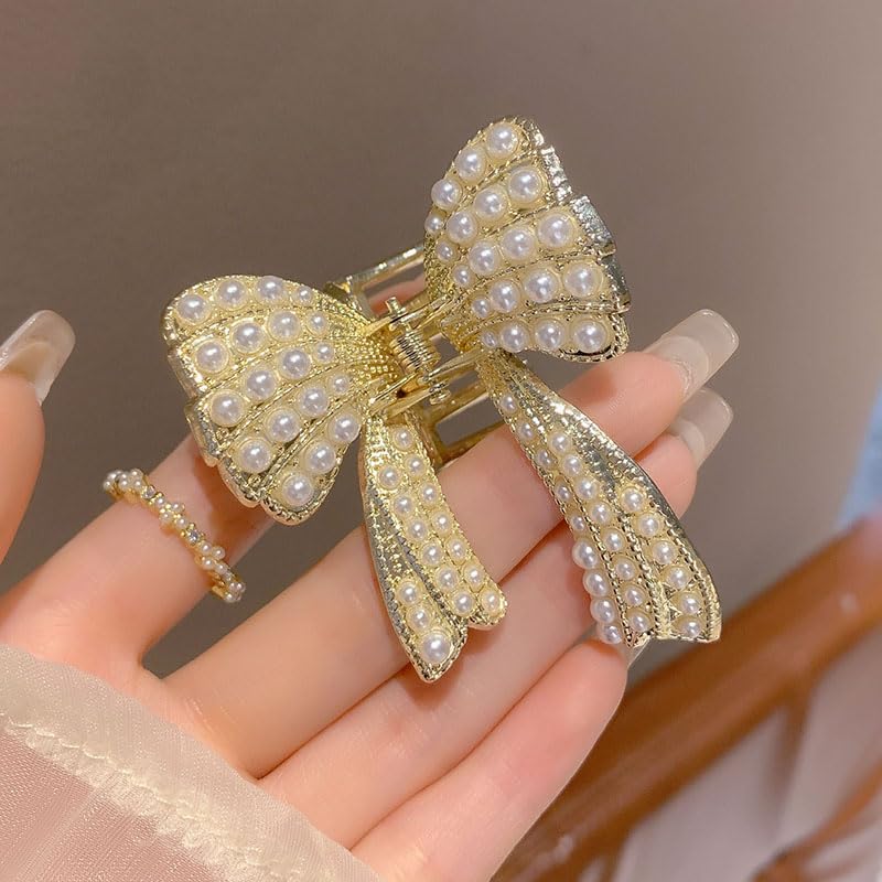 papasgix Pearl and Bow Hair Accessories: Butterfly Clips, Small Gold Metal Claw Hair Clips for Women and Girls (2Pearl, Hair Accessory)