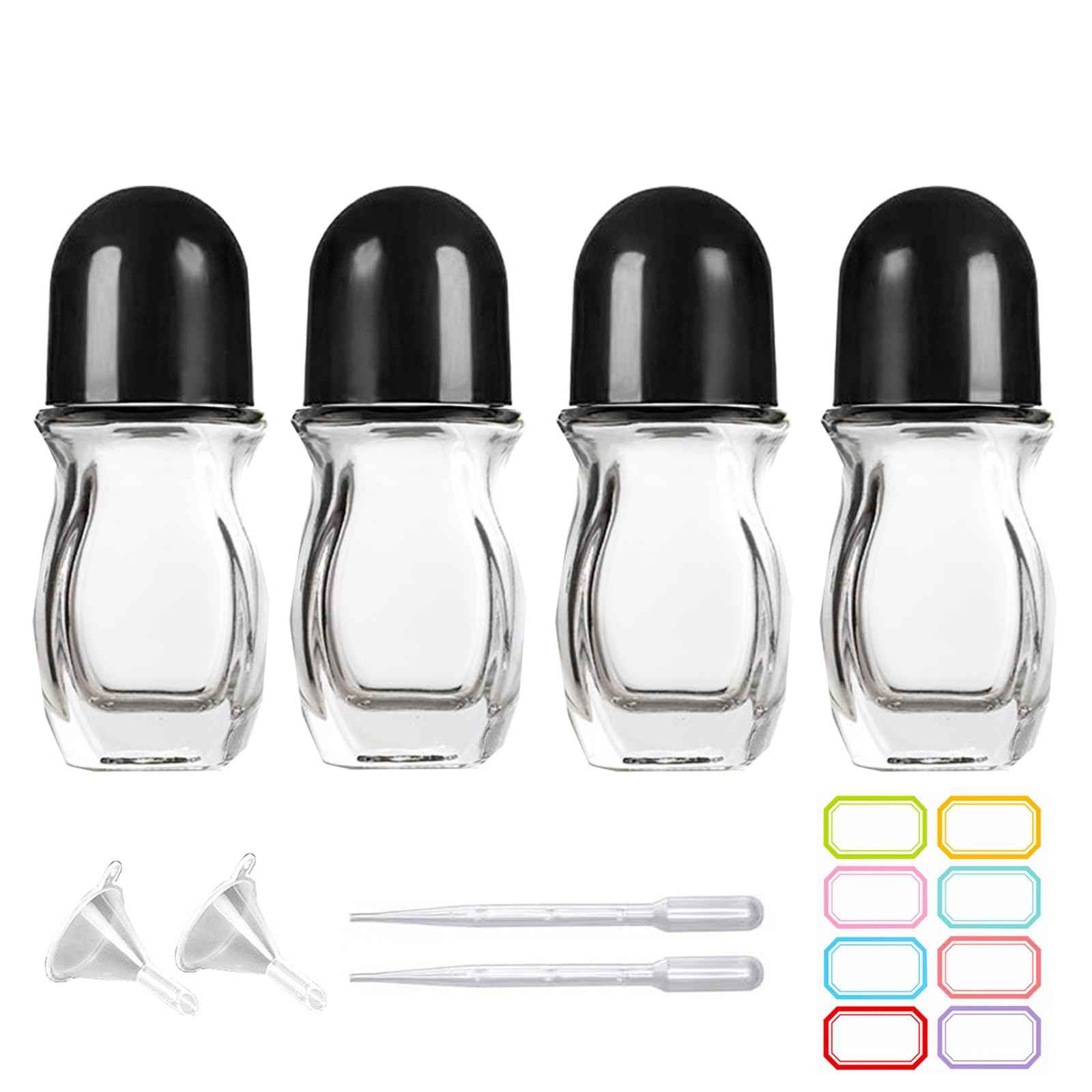 PYAWI 4 PCS 30ml Deodorant Glass Roller Bottles - 1oz Essential Oil With Plastic Ball Black Cap - Empty Refillable Massage Roll On Containers