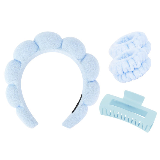 Wecoe Spa Headband And Wristband Set Skincare Headband For Washing Face Hair Claw Clips For Thick Hair Cute Blue Puffy Sponge Makeup Headband Bubble Headband Wrist Towels Scrunchies For Women Girls