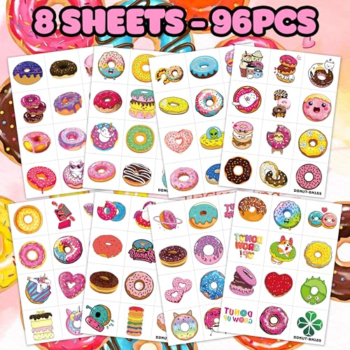 96 Donut Temporary Tattoos for Kids Birthday Party Favors