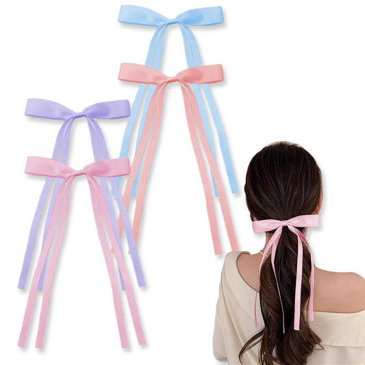 Bowknot Hair Clip for Women Girls Mini Tassel Ribbon Bow Hair Clips Hair Bows for Women Girls 4pcs French Barrette Ribbon Hair Clip Satin Hair Bow for Girls Women Teens Hair Accessories Set