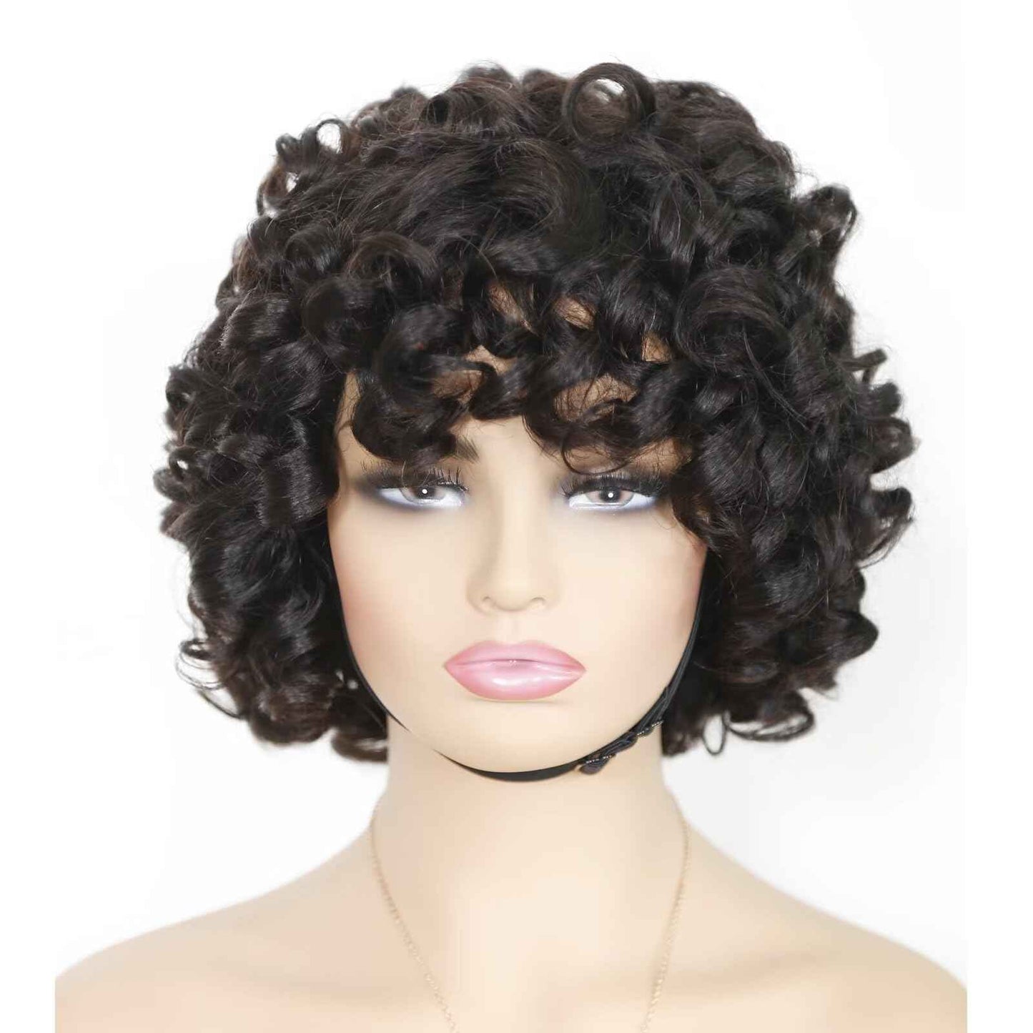 IMAYLI Fringe Bouncy Human Hair Wigs For Black Women Afro Rose Curly Funmi Glueless Wigs with Bangs Short Bouncy Curly Bob Wig With Bang 8Inch 180% Density Natural Black