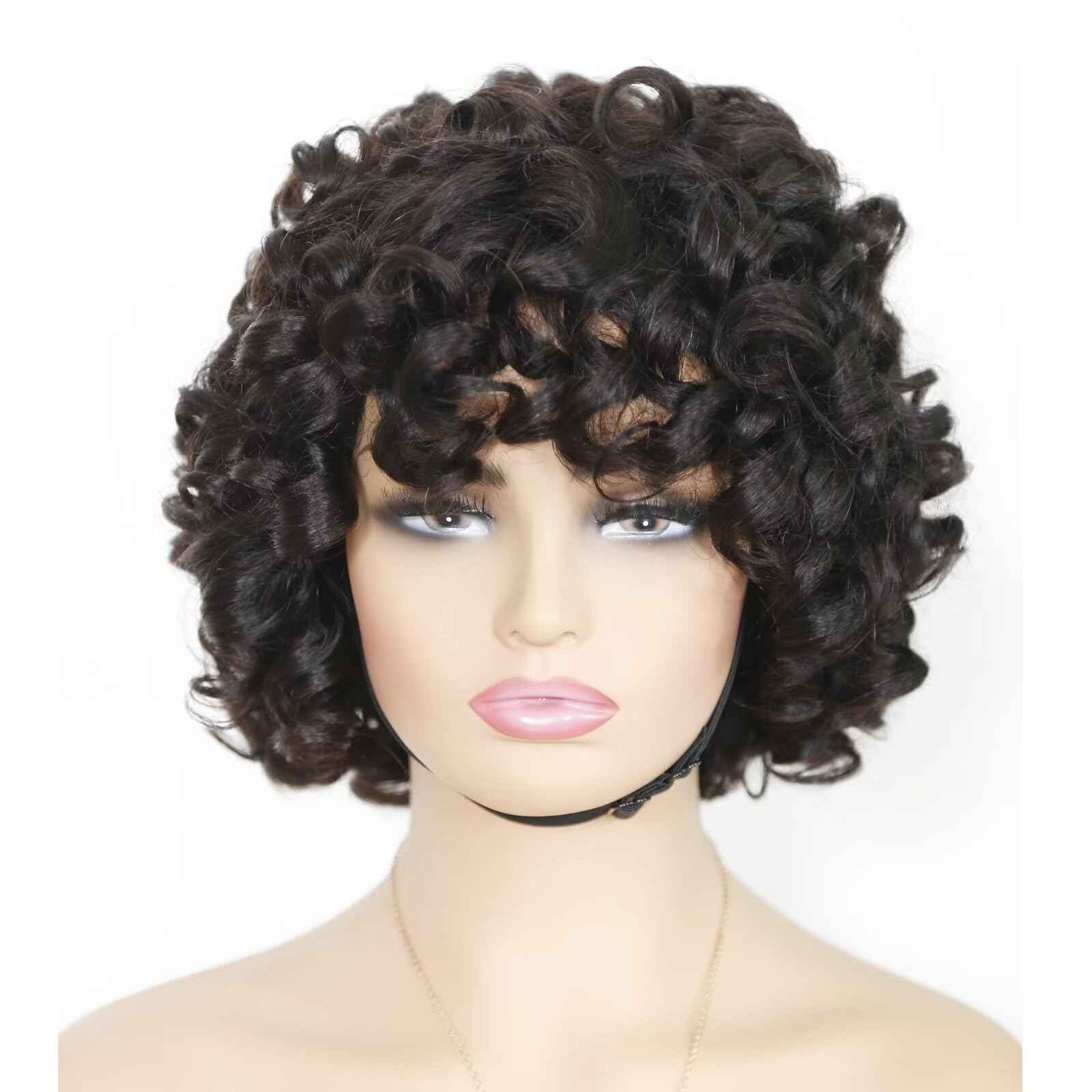 IMAYLI Fringe Bouncy Human Hair Wigs For Black Women Afro Rose Curly Funmi Glueless Wigs with Bangs Short Bouncy Curly Bob Wig With Bang 8Inch 180% Density Natural Black