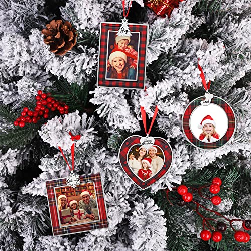 Fovths 4 Pieces Christmas Photo Frame Picture Ornament Red Buffalo Plaid Xmas Gifts Pendant Photo Frame Insert with Christmas Tree, Snowflake, Heart, Socks Hanging Christmas Tree Decoration