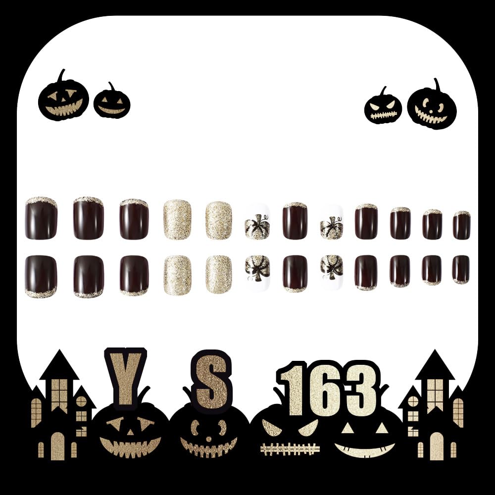 Halloween Press on Nails Short Square Fake Nails, Brown Press on Nails with Gold Glitter Pumpkin Designs Halloween Glue on Nails Full Cover False Nails Halloween Nails for Women 24Pcs