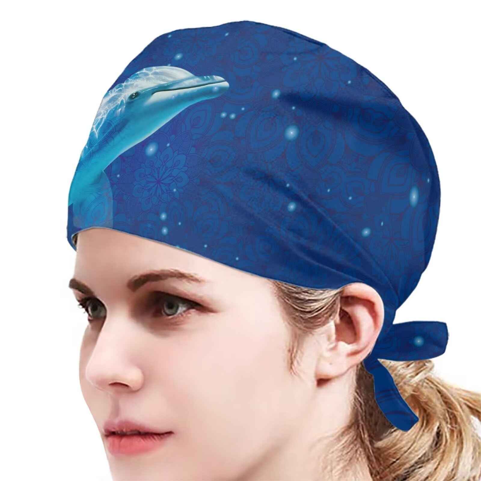 Biyejit Starry Dolphins Working Cap Scrub Cap with Sweatband, Adjustable Scrub Caps for Women Men, One Size