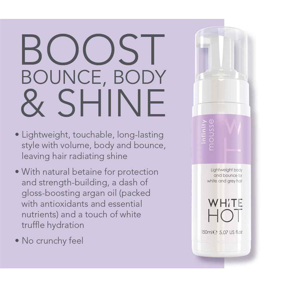 White Hot Brilliant Bounce Duo: Brilliant Shampoo 200ml and Infinity Mousse 150ml, counteracts yellow tones and promotes shine with each time you use.
