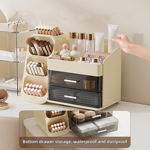 Large Makeup Organizer with Drawers, Spacious Cosmetics Display Case with Brush Holder for Vanity, Skin Care Storage Solution for Lipstick Eyeshadow Palettes Beauty Essential Bathroom