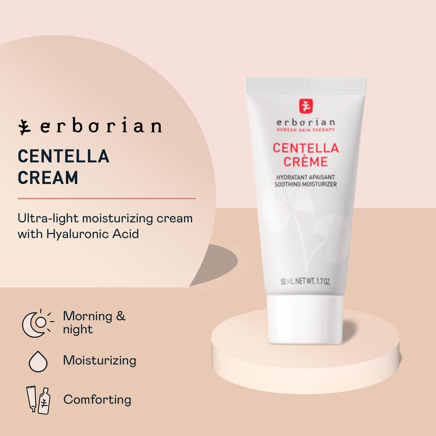 Erborian Face Moisturizer Cream Centella Cream - Ultra Light-Weight Facial Moisturizing Cream with Shea Butter, Hyaluronic Acid, Glycerin & Beta Glucan - Soothes & Hydrates Skin - All Skin Types, 50ml