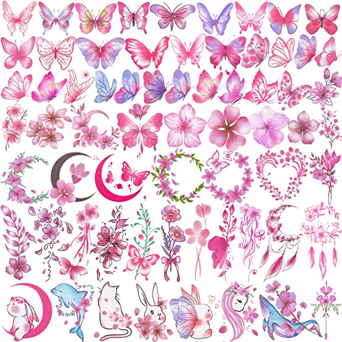 PAGOW 60 Sheets Pink Butterfly Temporary Tattoos Stickers